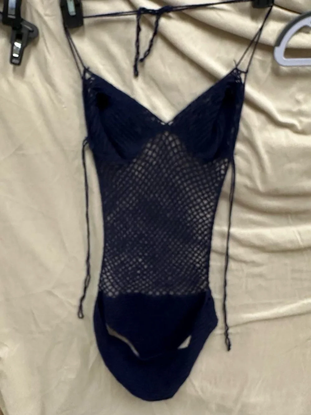 Crochet navy blue swim suit beach cover.